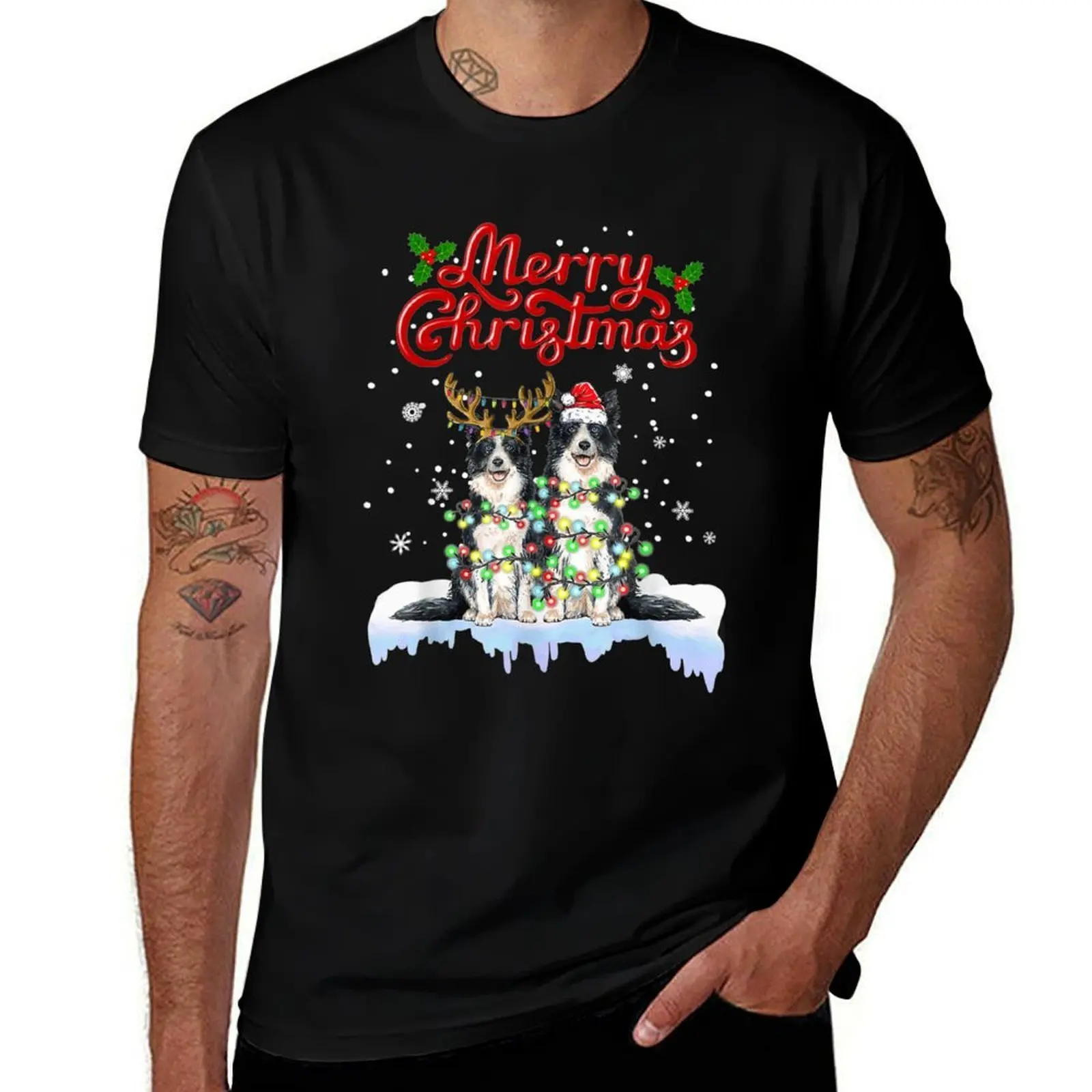 Border Collie Christmas Lights Funny Dog Matching Family T-Shirt t shirt man designer man t shirts cotton T-Shirt