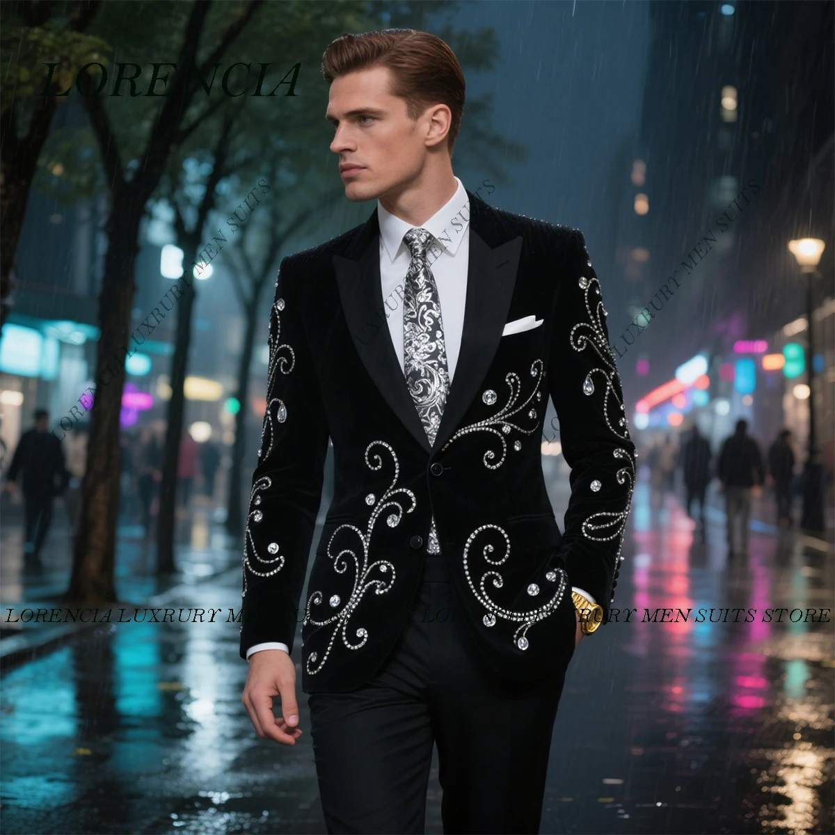 

Customized Glitter Crystals Men Suits Peaked Lapel Groom Tuxedos 2 Pieces Sets Party Prom Blazer Rhinestones Costume Homme