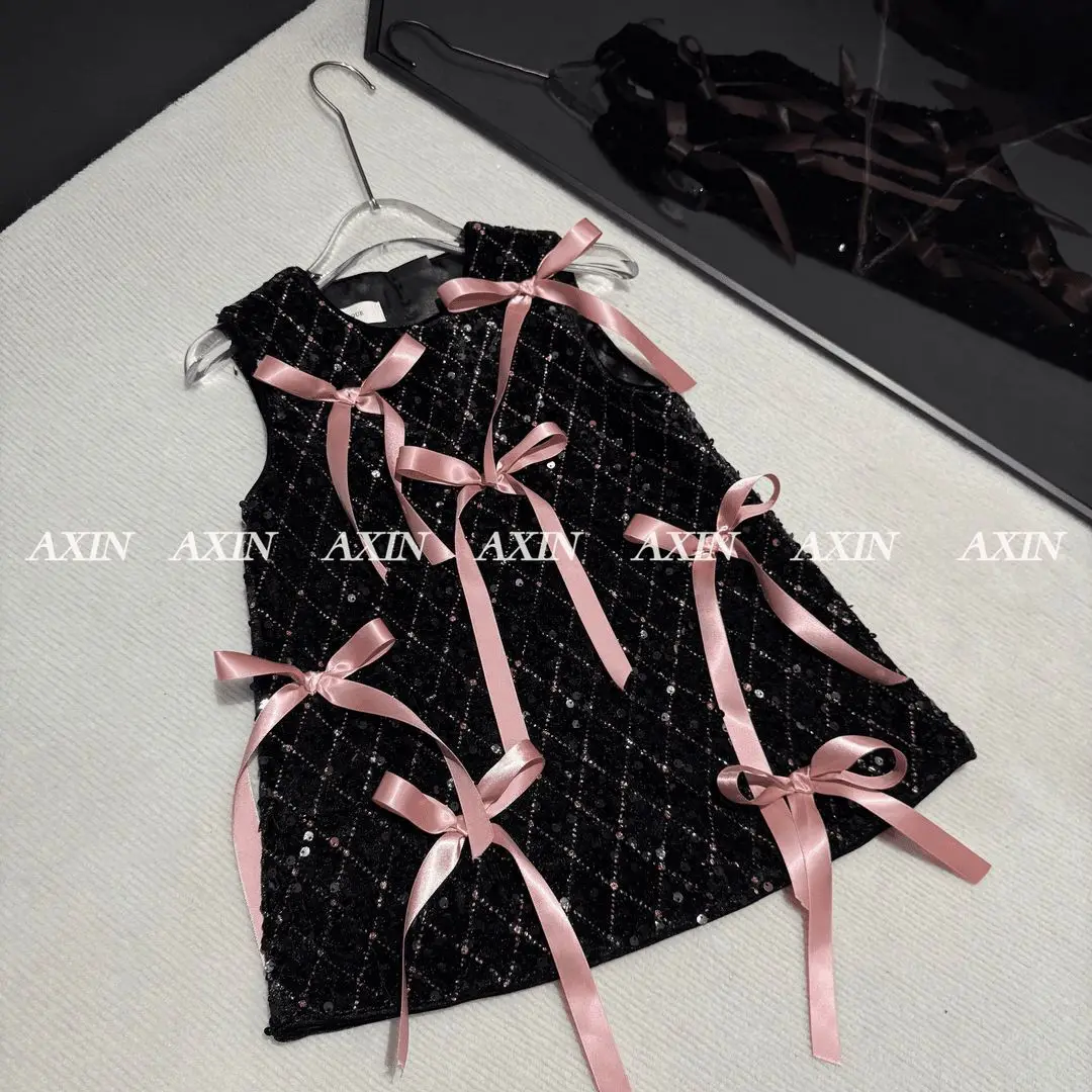 

Sequin Girls 2025 New Autumn and Winter Baby Dress with Bow Fashionable and Versatile Childrens Sleeveless Princess Dress