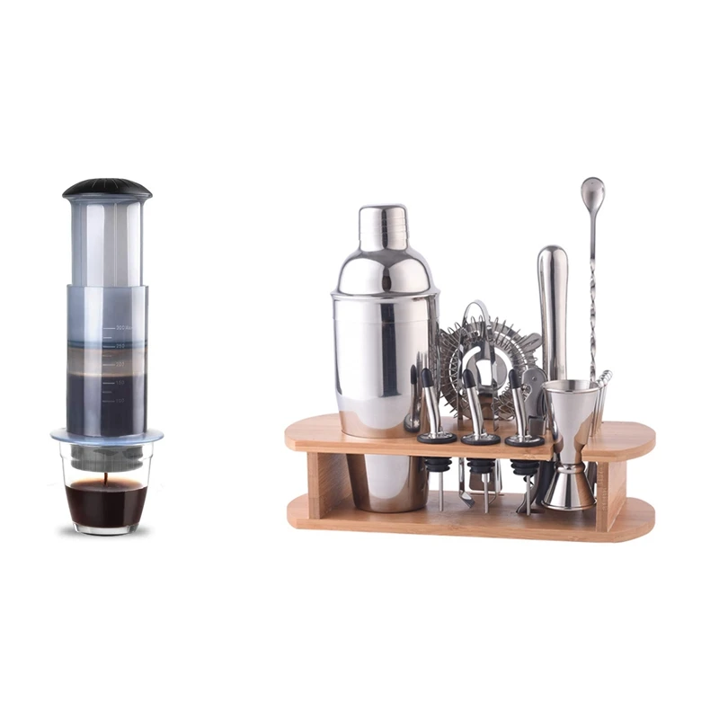 

1 Pcs Coffee And Espresso Maker & 1 Set Bar Set Cocktail Shaker Set, Stainless Steel Bartender Kit