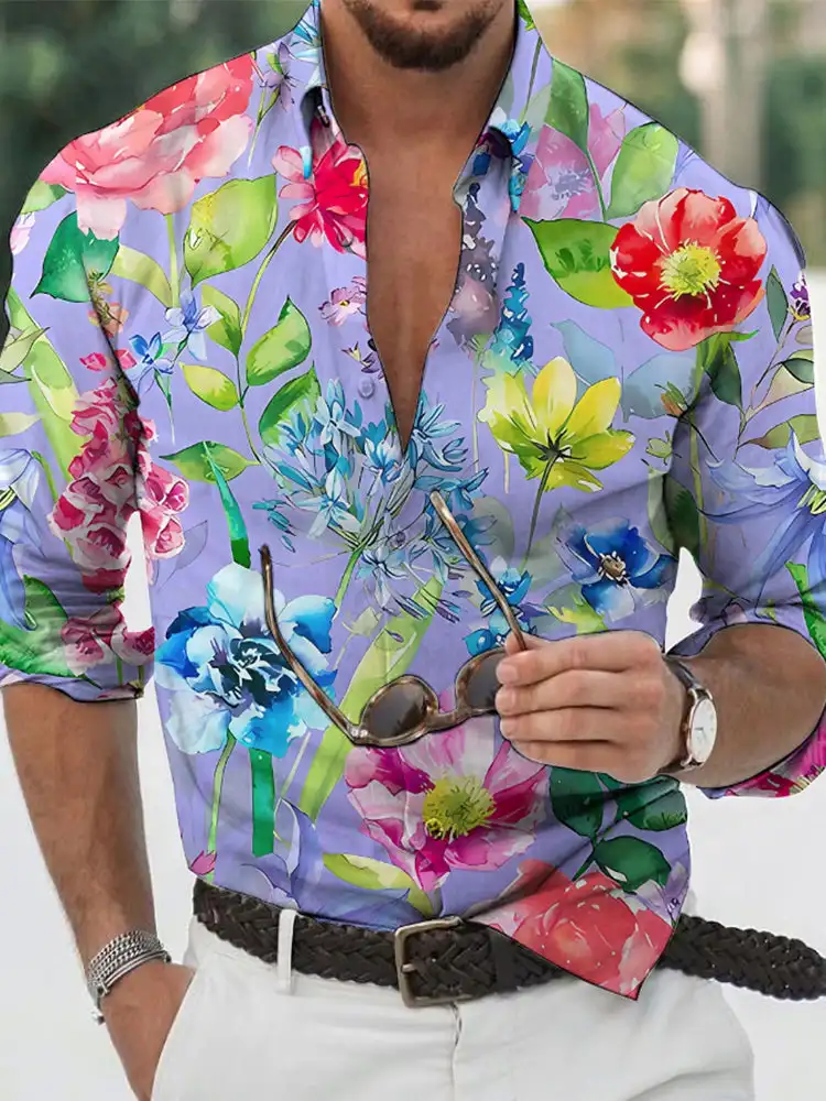 Camisa con estampado 3D para hombre, camisa de manga larga con estampado Floral colorido, ropa de calle con botones, diseñador de moda informal