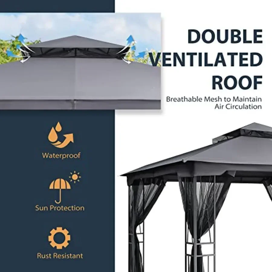 10' X 12' Outdoor Patio Gazebo  Gazebo for Garden Yard Patio with Ventilation Double Roof with Mosquito Netting