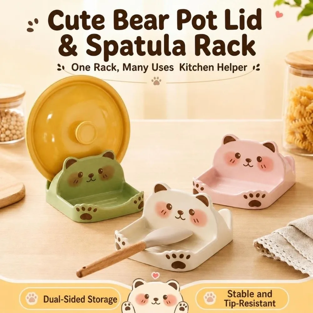 ABS Lid Holder Non-Slip Bear Shape Design Countertop Spatula Rack Countertop Mount Creative Kitchen Counter Organizer