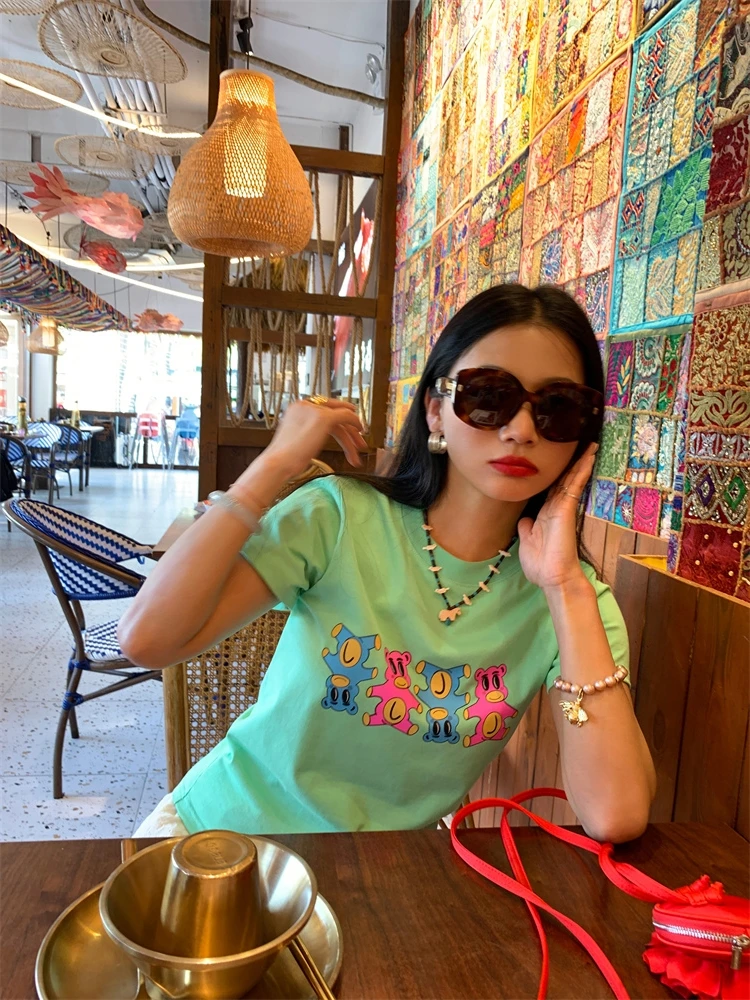 Retro White Slim Fit round Neck Green T-Shirt Short Sleeve Women's Top Small Design Summer Korean Style Casual Wear