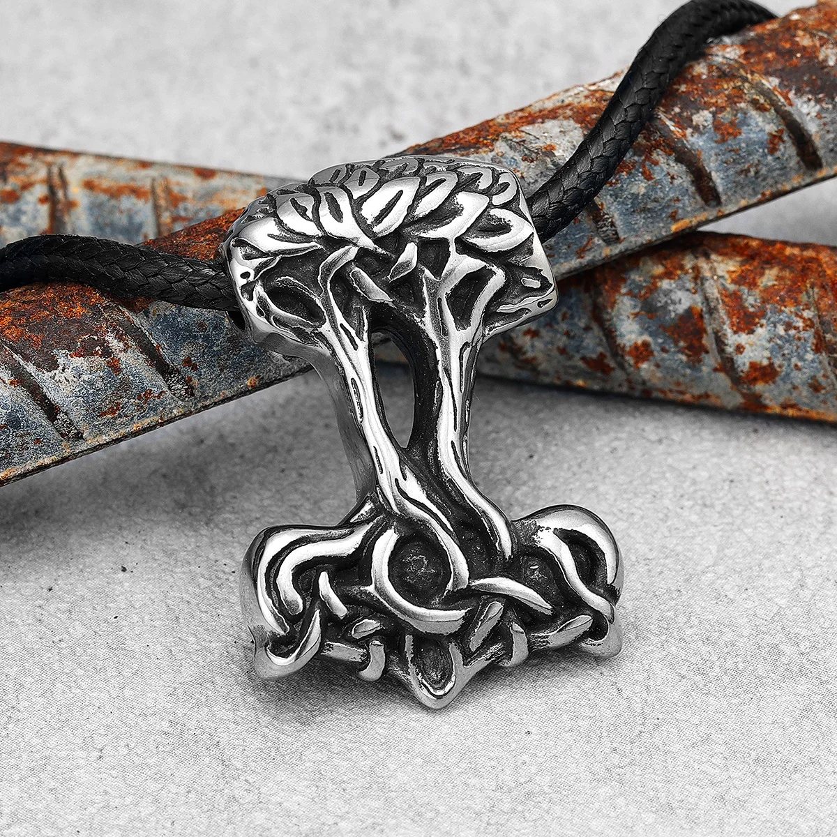 Viking Thor Hammer Pendant Men Yggdrasil Tree of Life Necklace Retro Stainless Steel Nordic Chain Rock Rap for Male Jewelry Gift