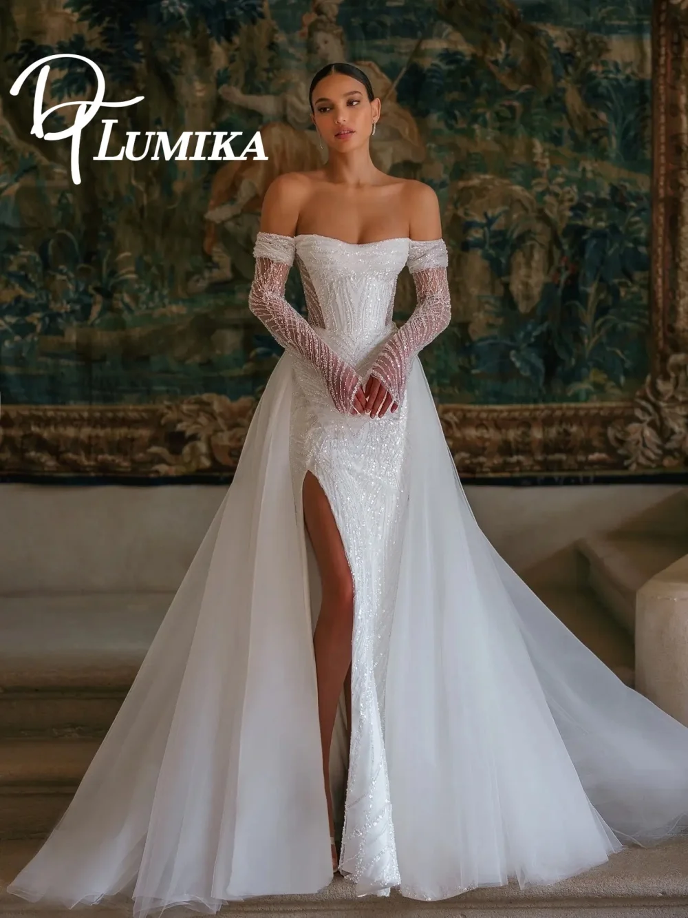 Romantic Off The Shoulder Wedding Dress 2026 Romantic Side Slit Bridal Gown Sparkling A Line Floor Length Bridal Dress Robe De M
