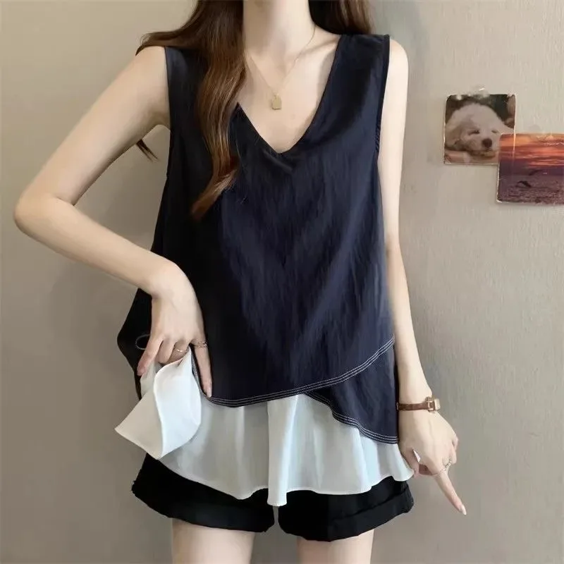 Womens Color Block Layered Sleeveless Tank Top V-Neck Casual Blouse