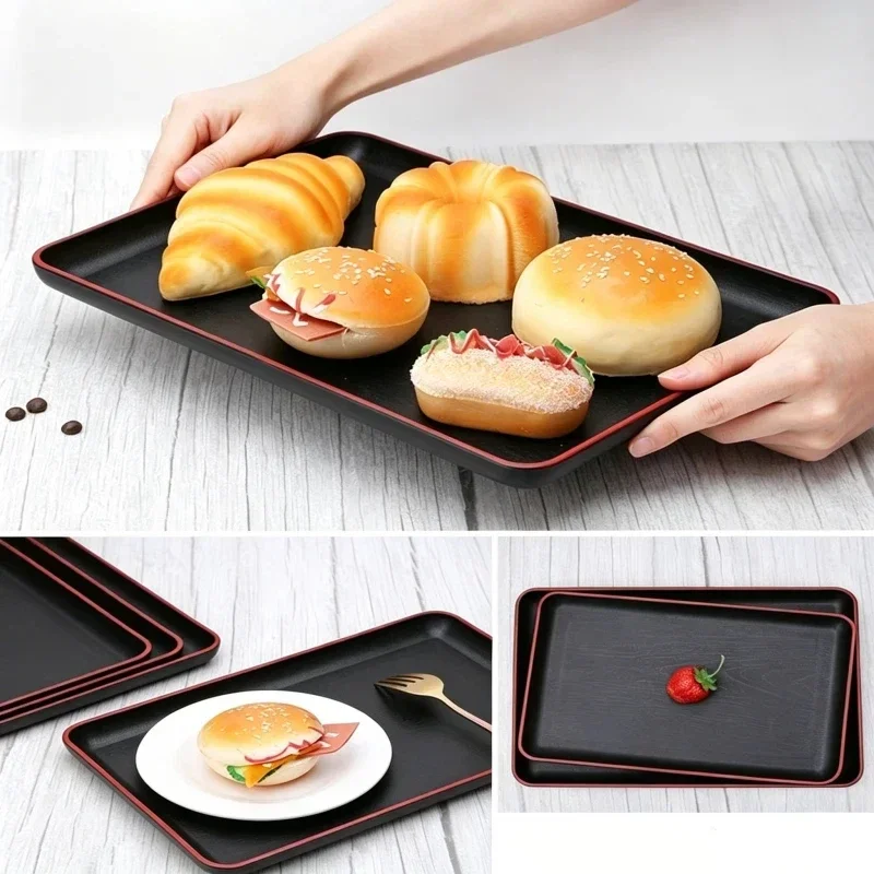 1PC Plastic Rectangular Tray Creative Black Storage Tray Tableware Cup Storage Breakfast Bread Plate Kitchen Supplies 2 Size