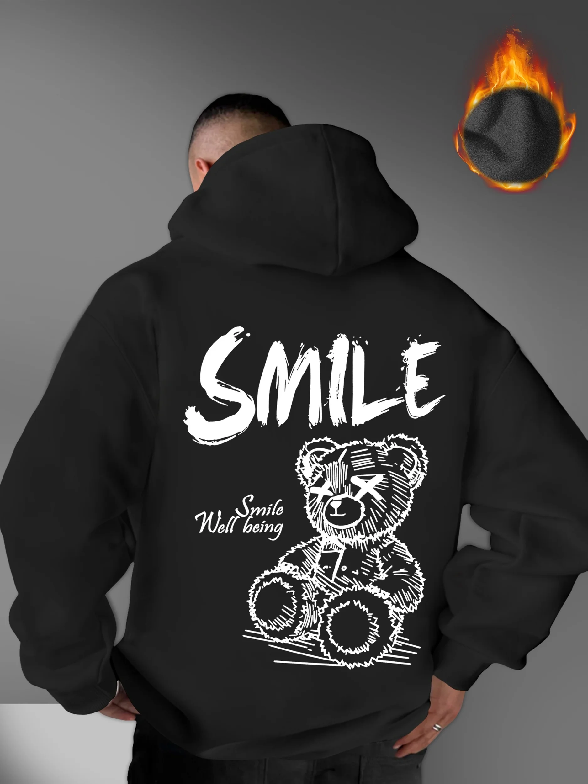 Men's long-sleeved hooded sweatshirt with graffiti bear letter print, hip-hop style casual relaxed street hooded sweatshirt