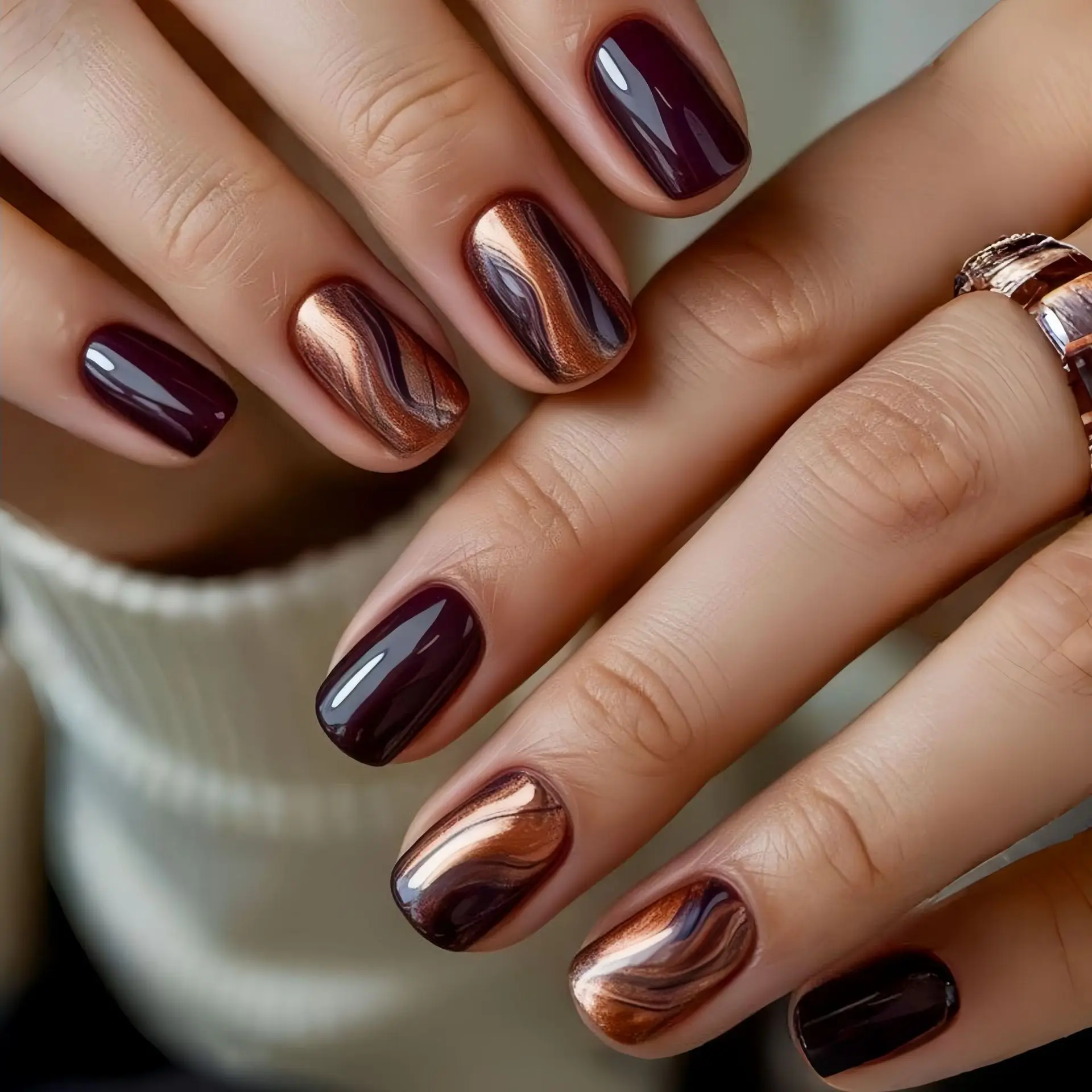 Short Medium fake nails for women Gradient brown coffee colors for Autumn Winter square nail tips full cover press on false nail