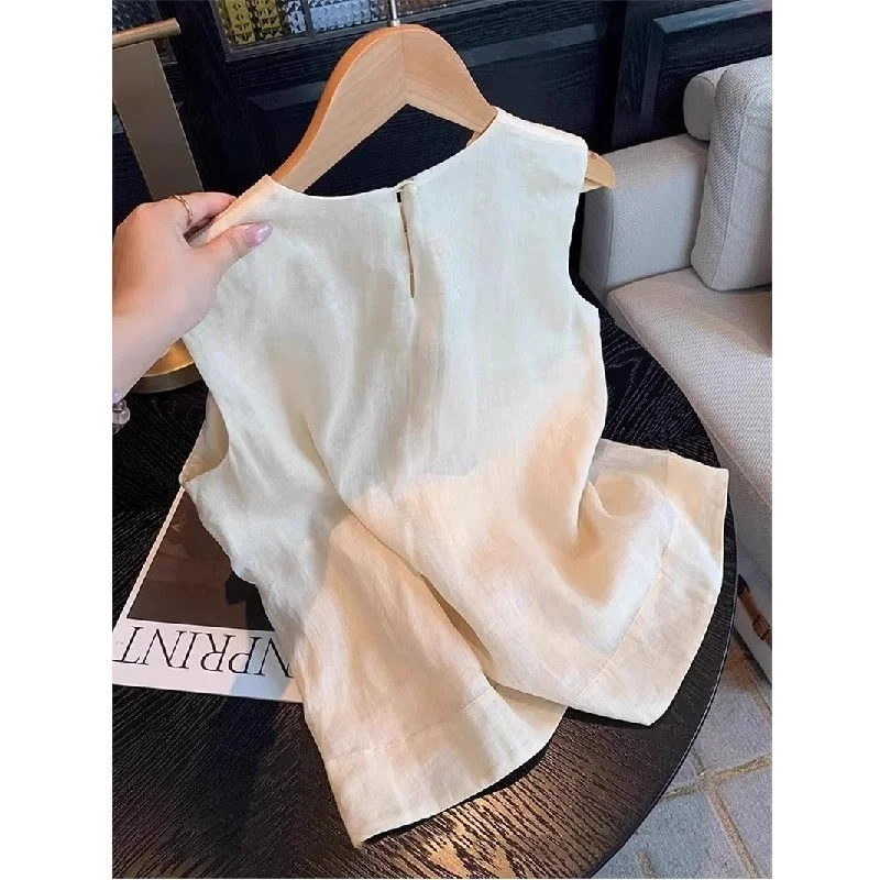 Retro Artystyczna Bawełniana Lniana Haftowana Okrągła Kamizelka Bez Rękawów Ele irt Damska Letnia Cienka Regularna Długość Jednolity Kolor