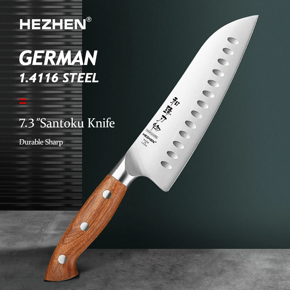 HEZHEN 7.3 Inch Santoku Knife Original German Din 1.4116 Steel Kitchen Knives Gift Box Cooking Tools Redwood Handle