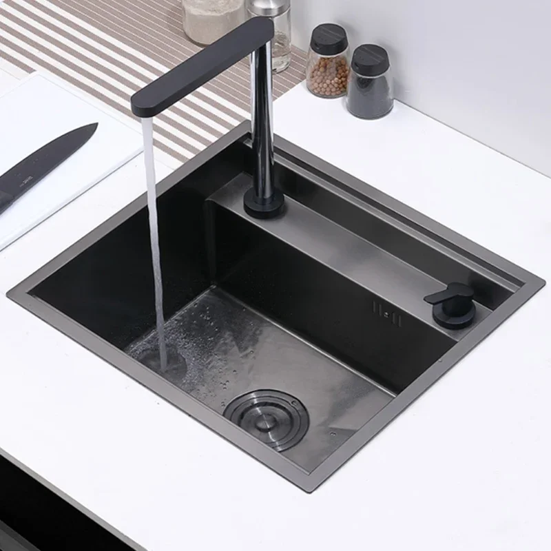 Cloaking Nanometer Double Cover hidden kitchen Sink 304 Stainless Steel Handmade Brushed Single kitchen Sink With Lifting Faucet