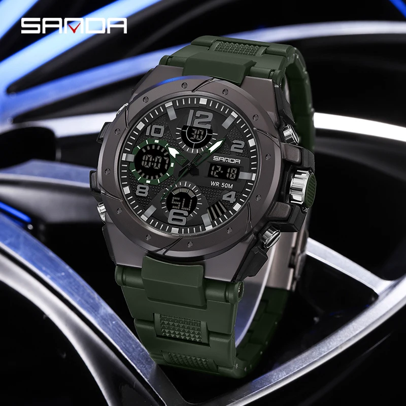 Sanda 9009 Top Sale Model Men Quartz Dual Display Water Resistant Outdoor Sports Alarm Mode Fashion Analog Digital Wrist Watch