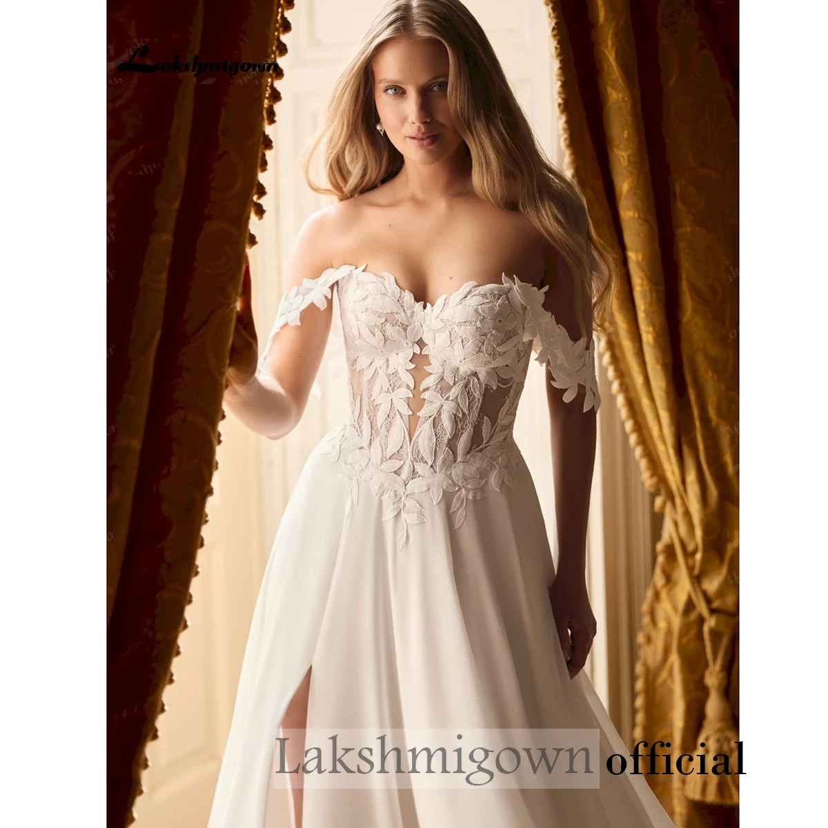 Lakshmigown Schulterfreies Brautkleid mit Herzausschnitt, transparentem Oberteil, hohem Schlitz, Chiffon, A-Linie, rückenfrei, maßgeschneidert – Detail 8