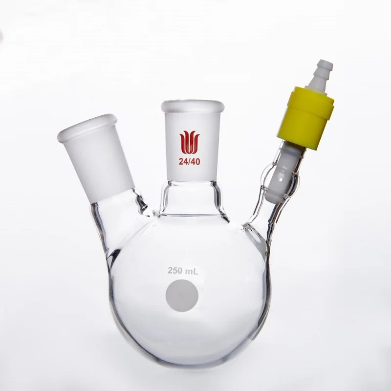 

SYNTHWARE Two-necked reaction bottle, FLASK, REACTION, 2-NECK, New 8mm high vacuum PTFE valve with a suction hole, F16