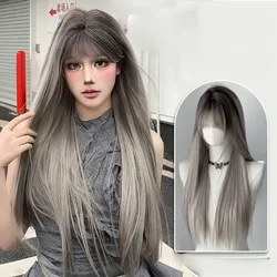 Long Silky Straight Synthetic Ombre Wig with Bamgs Cosplay Lolita Wigs for Daily party Women Natural Heat Resistant wigs