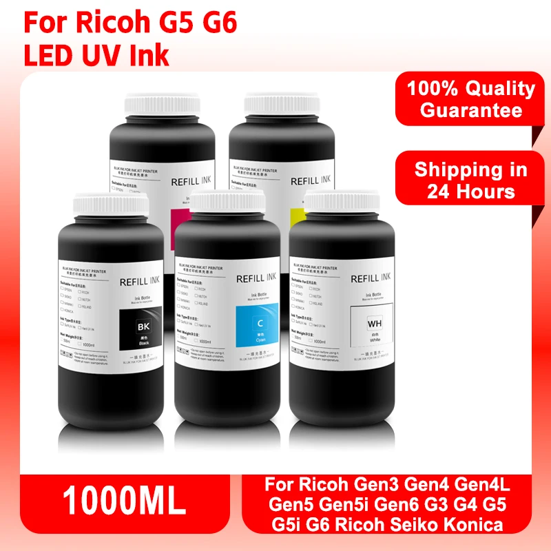 

For Ricoh G5 G6 LED UV Ink 1000Ml for Ricoh Gen3 Gen4 Gen4L Gen5 Gen5I Gen6 G3 G4 G5 G5I G6 Seiko Konica Printhead UV Curing Ink