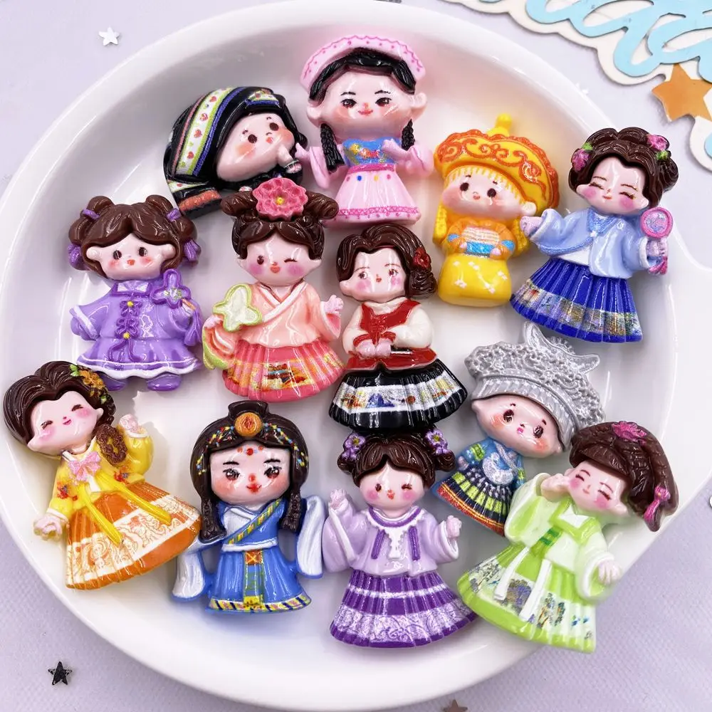 6/12PCS Painted Resin Kawaii Colorful Ethnic Minorities Princess Girl Flat back Stone Figurines Scrapbook DIY Crafts Accessories