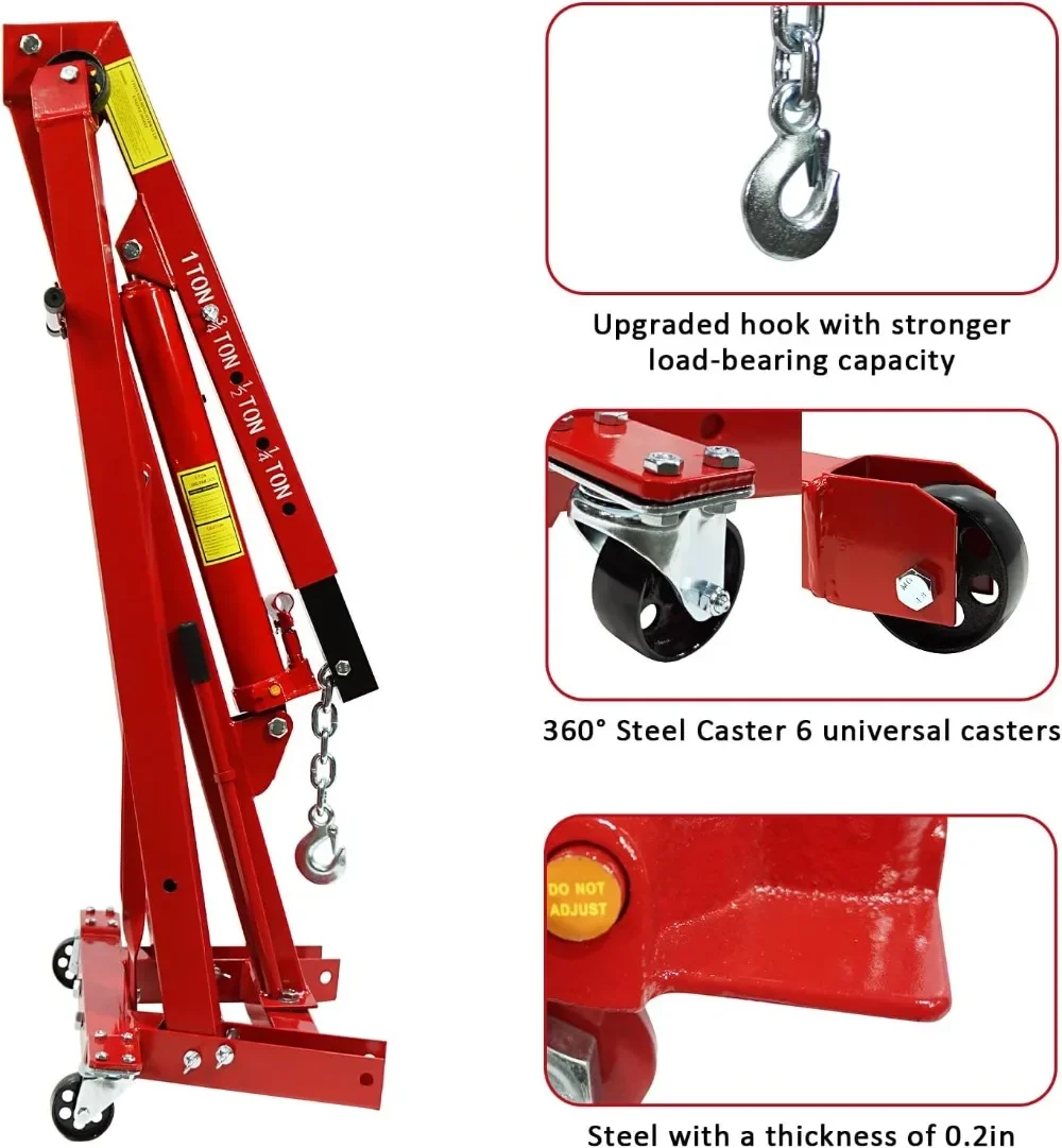 1 Ton Folding Cherry Picker Shop Crane Hoist Lift, Heavy D uty Hydraulic Engine Crane with 4 Casters, Engine Hoist Lever