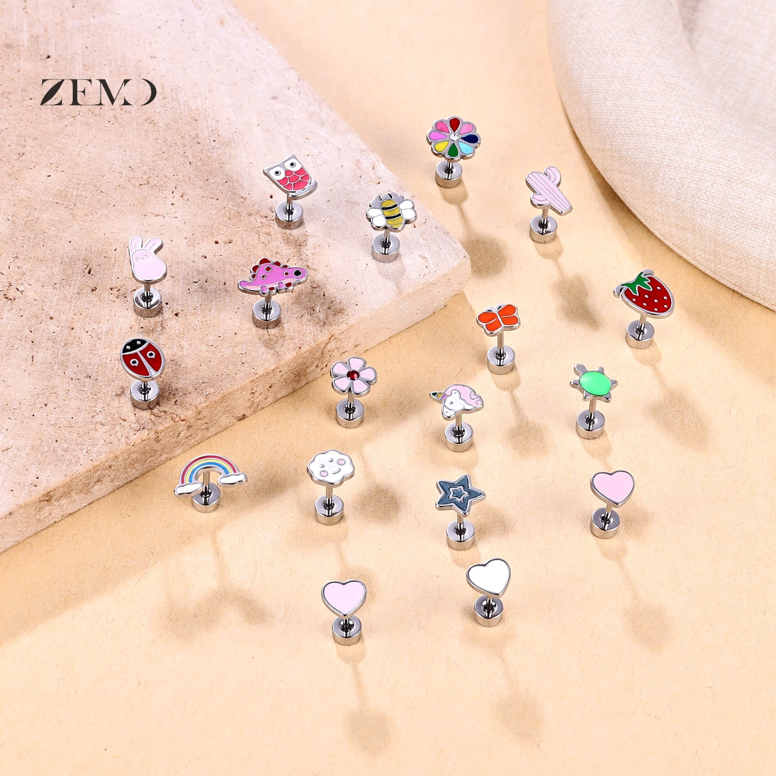 ZEMO 1 Pair 316L Stainless Steel Cute Stud Earrings Colourful Butterfly Bee Frog Ladybug Ear Stud Cartilage Earring Piercing 20G view 3
