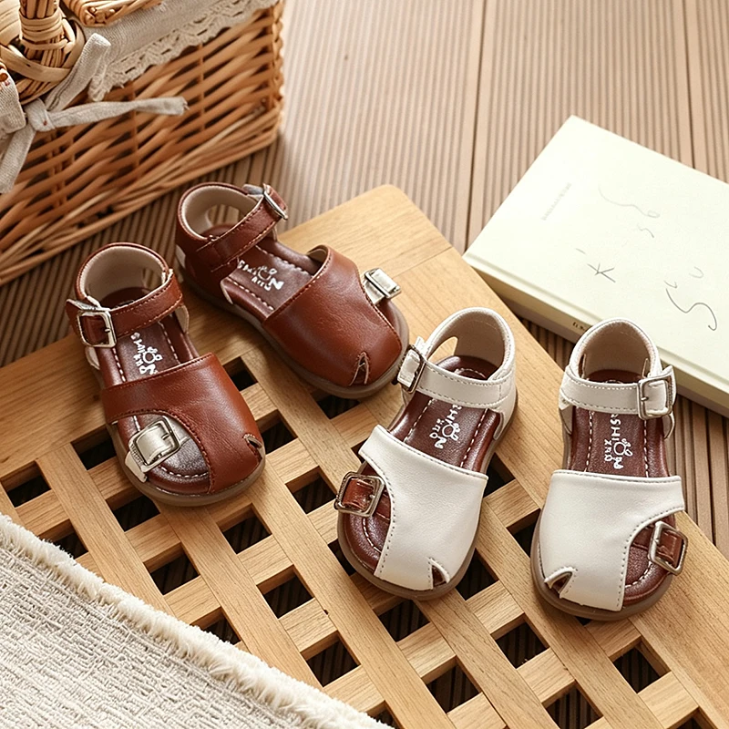 Girls Sandals Retro Style Fashion Kids Princess Shoes Korean Style Versatile 2026 New Children Beach Shoes Soft Bottom Non-slip