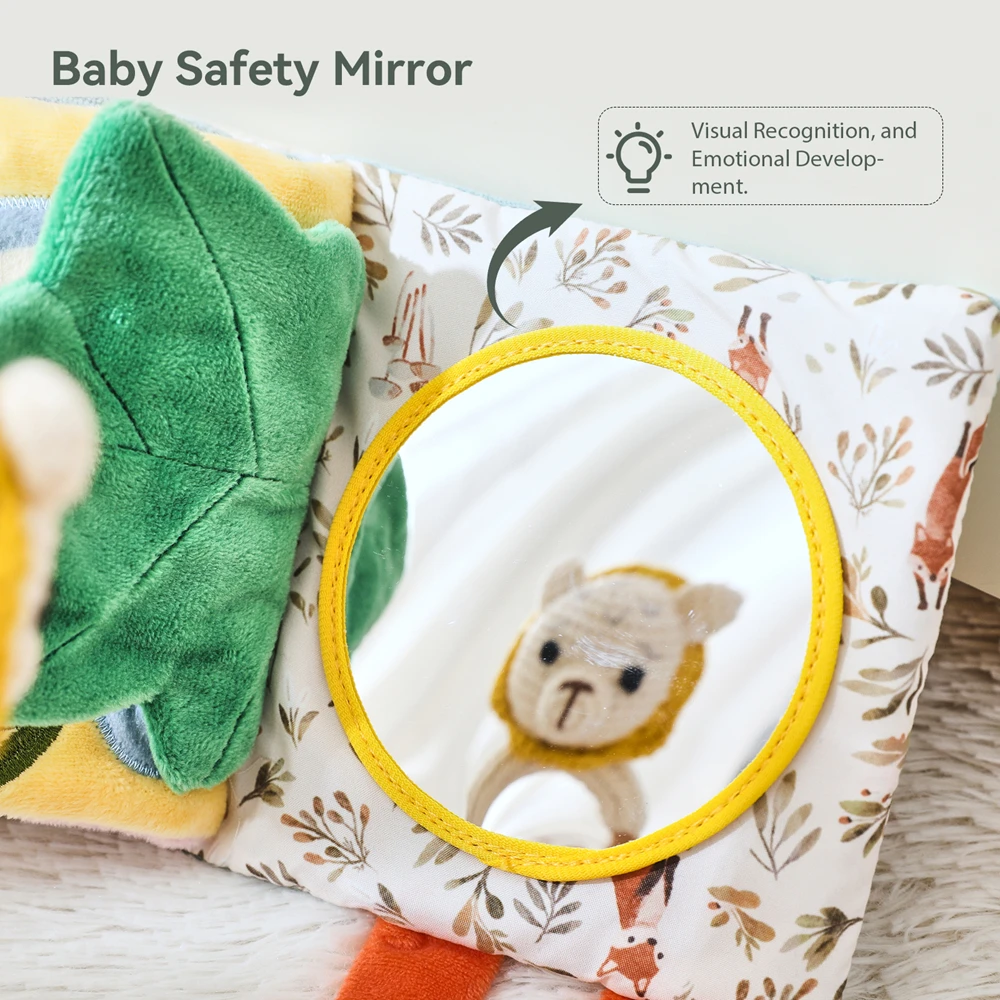 Weiches Baby-Sensorikspielzeug, Sicherheitsdecke, Stoffbuch, Baumwollbär-Rassel mit Knistergeräuschen, Spiegel-Beißring, Feinmotorik-Geschenk – Detail 14