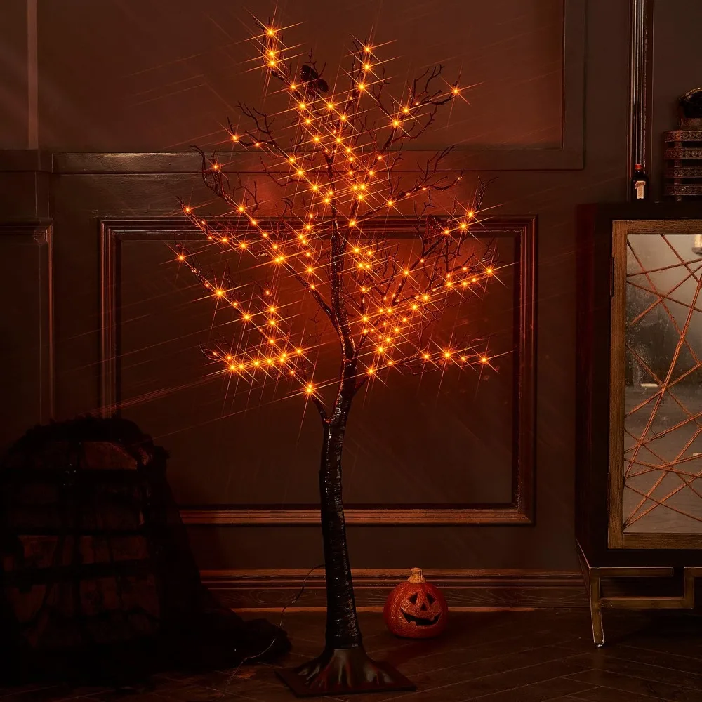 Lighted Black Halloween Trees with 150 Orange LED Fairy Lights 4FT Plug in, Spooky Halloween Tree Lights for Indoor Outdoor Home