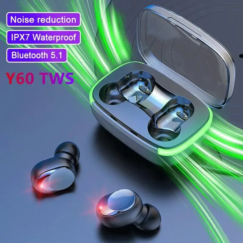 Y60 Tws Fone Bluetooth Headset Breathing Light Wireless Headphones Noise Cancelling Earbuds with Mic Bass Earphones for Phone