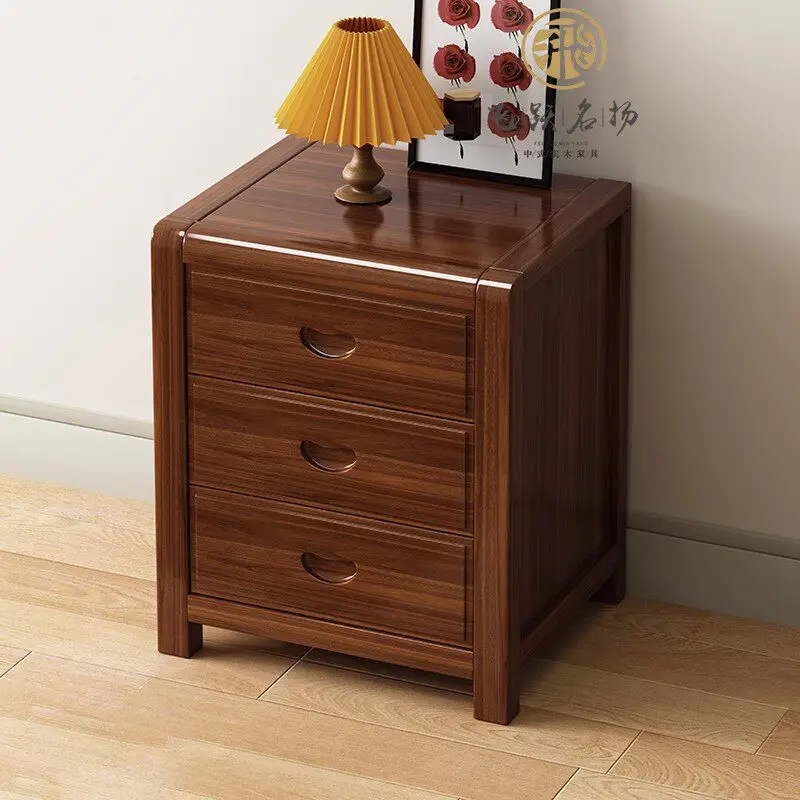 All solid wood bedside table Chinese three-bucket cabinet Golden silk walnut bedroom locker Bedside storage cabinet Bed locker