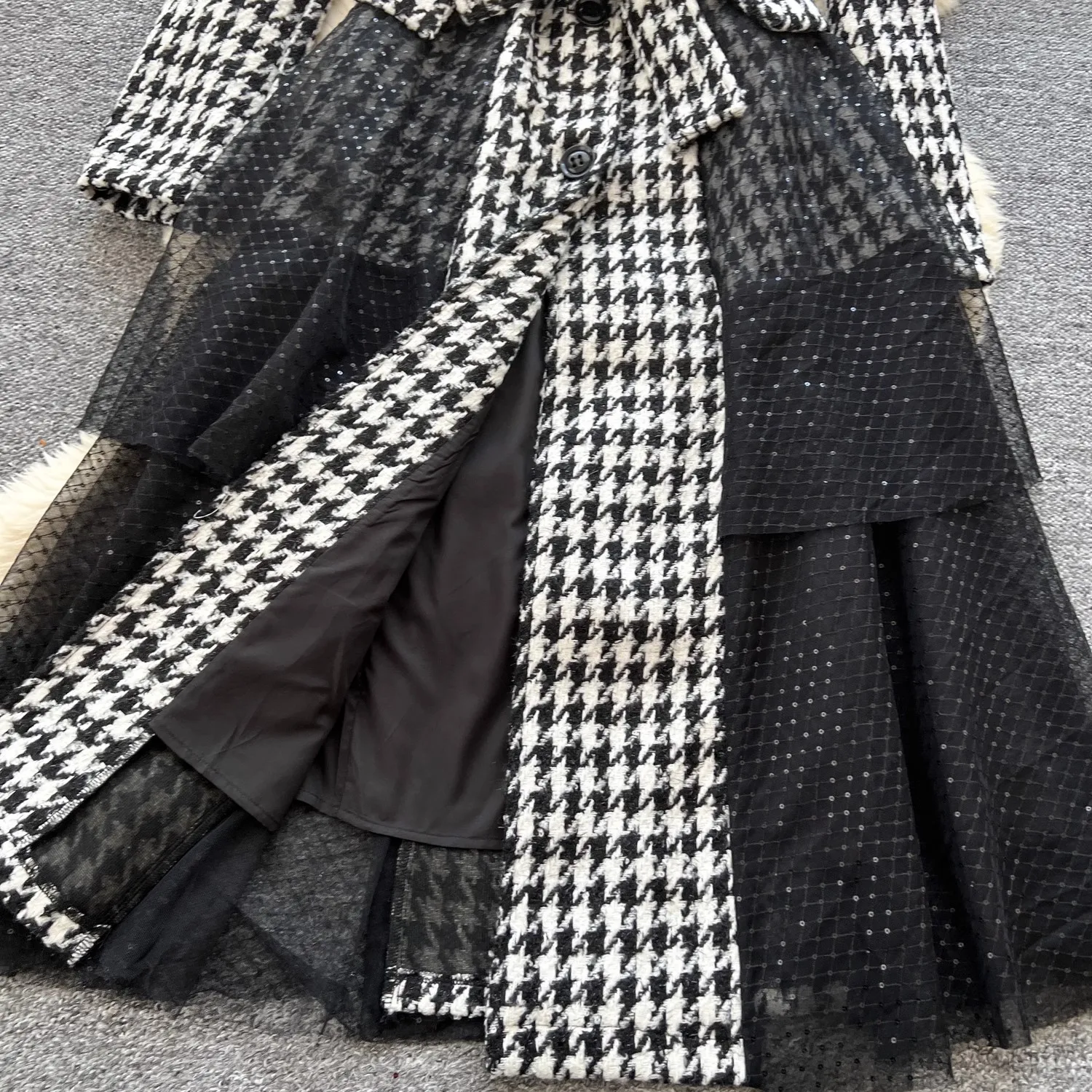 Fashion Designer Sequins Mesh Spliced Overcoat Autumn Winter Women's Single Breasted Houndstooth Belt Tweed Wool Long Coat