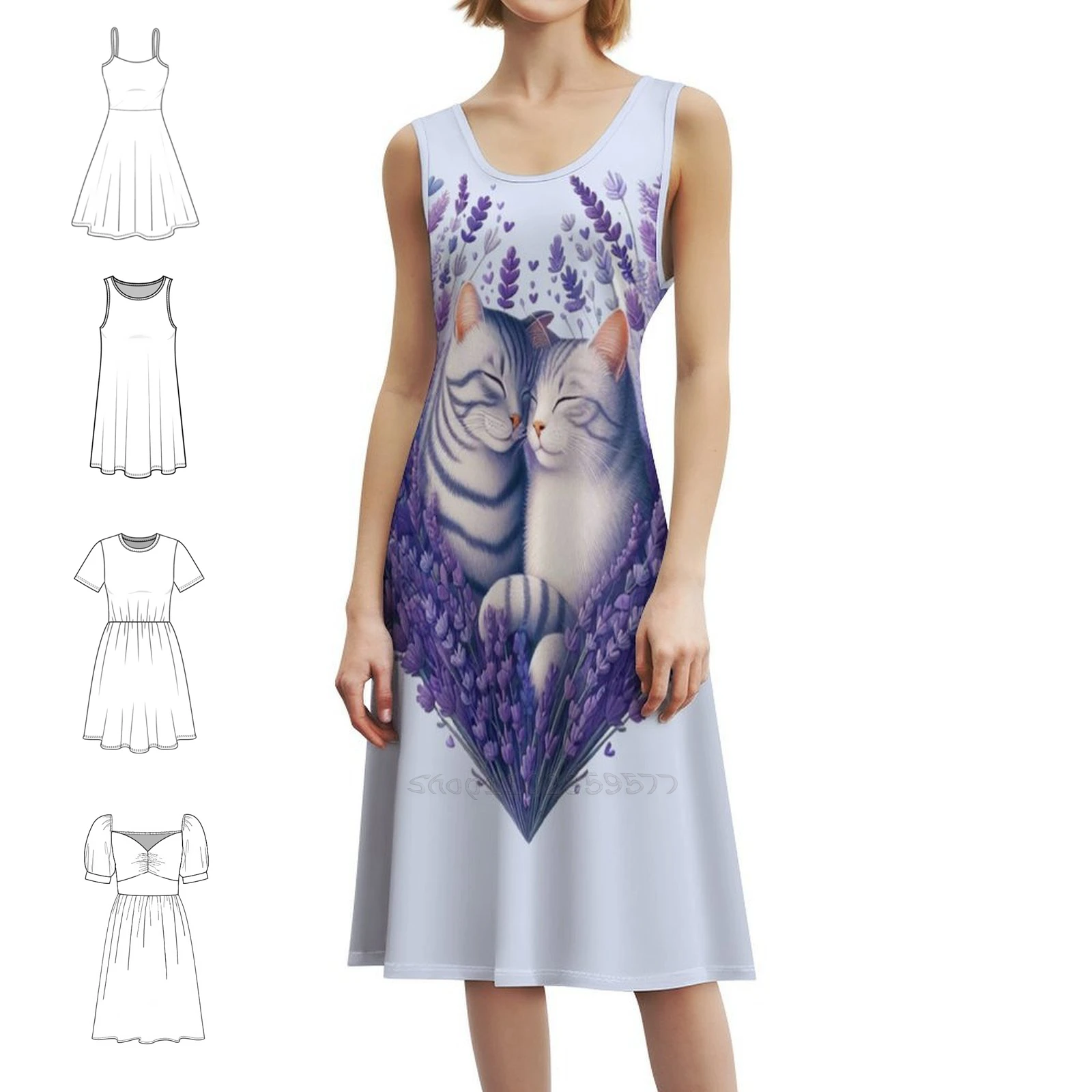 زهور اللافندر السعيدة القطط الحب قلوب رسم المرأة الشارع الشهير فستان الحفلات العصرية طباعة ملابس النادي للإناث #1