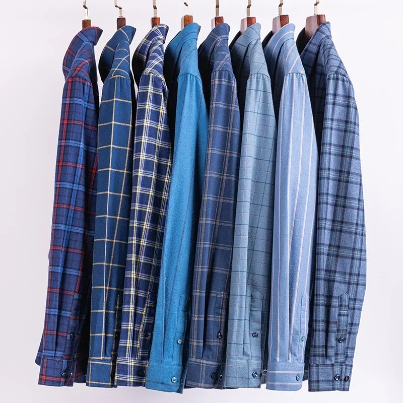 Plus Size 100% Cotton  Long Sleeve  Shirts for Men Casual Slim Fit Plain Shirt Striped Plaid Tops Designer Pocket Soft Clothes