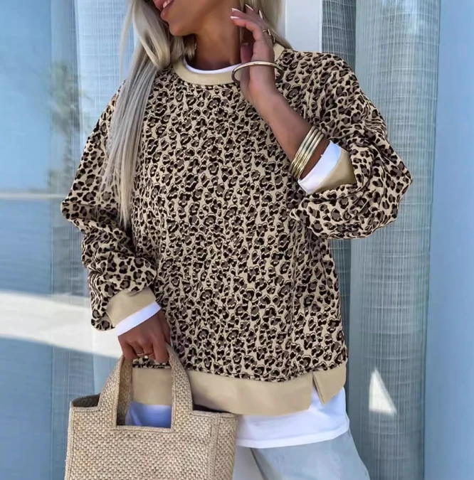 

New Fashion Leopard Print Pullover Hoodie for Women Clothing Autumn & Winter Women's Casual Round Neck Knitted Long Sleeve Top