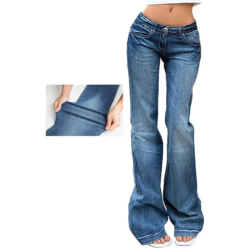 Y2K Vintage Flare Jeans for Women Sexy Low Rise Slim Fit Stretch Washed Denim Pants Harajuku Streetwear Wide Leg Jean Trousers