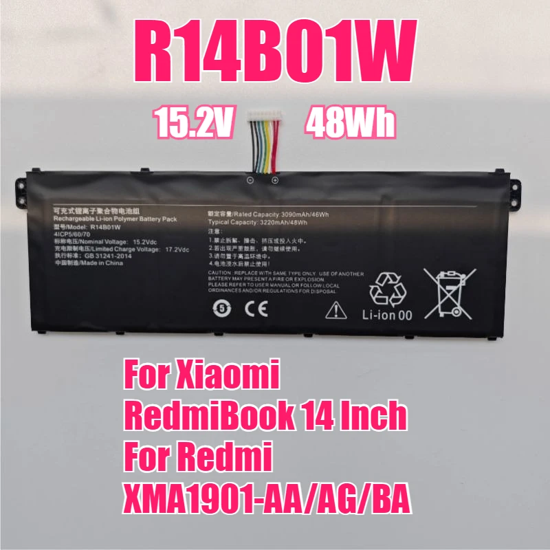 

Аккумулятор для ноутбука 15,2 В, 48 Втч, 3220 мАч для Xiaomi RedmiBook, 14 дюймов, для Redmi XMA1901-AA/AG/BA, аккумулятор для ноутбука R14B01W