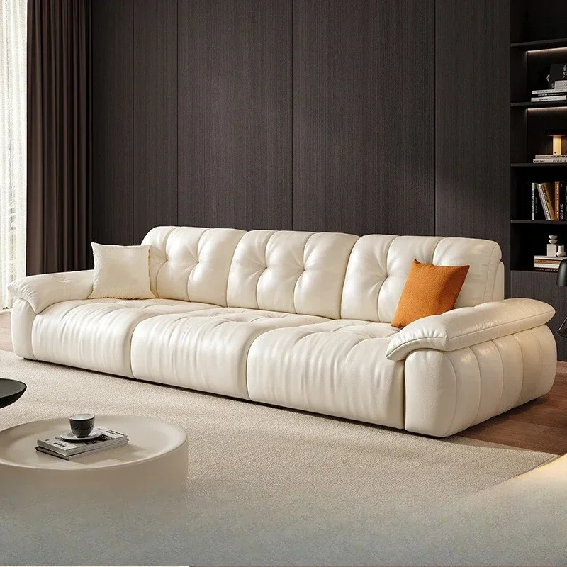 Cloud Puff Simple Modern Cream Style Living Room Top Layer Cowhide Leather Sofal16