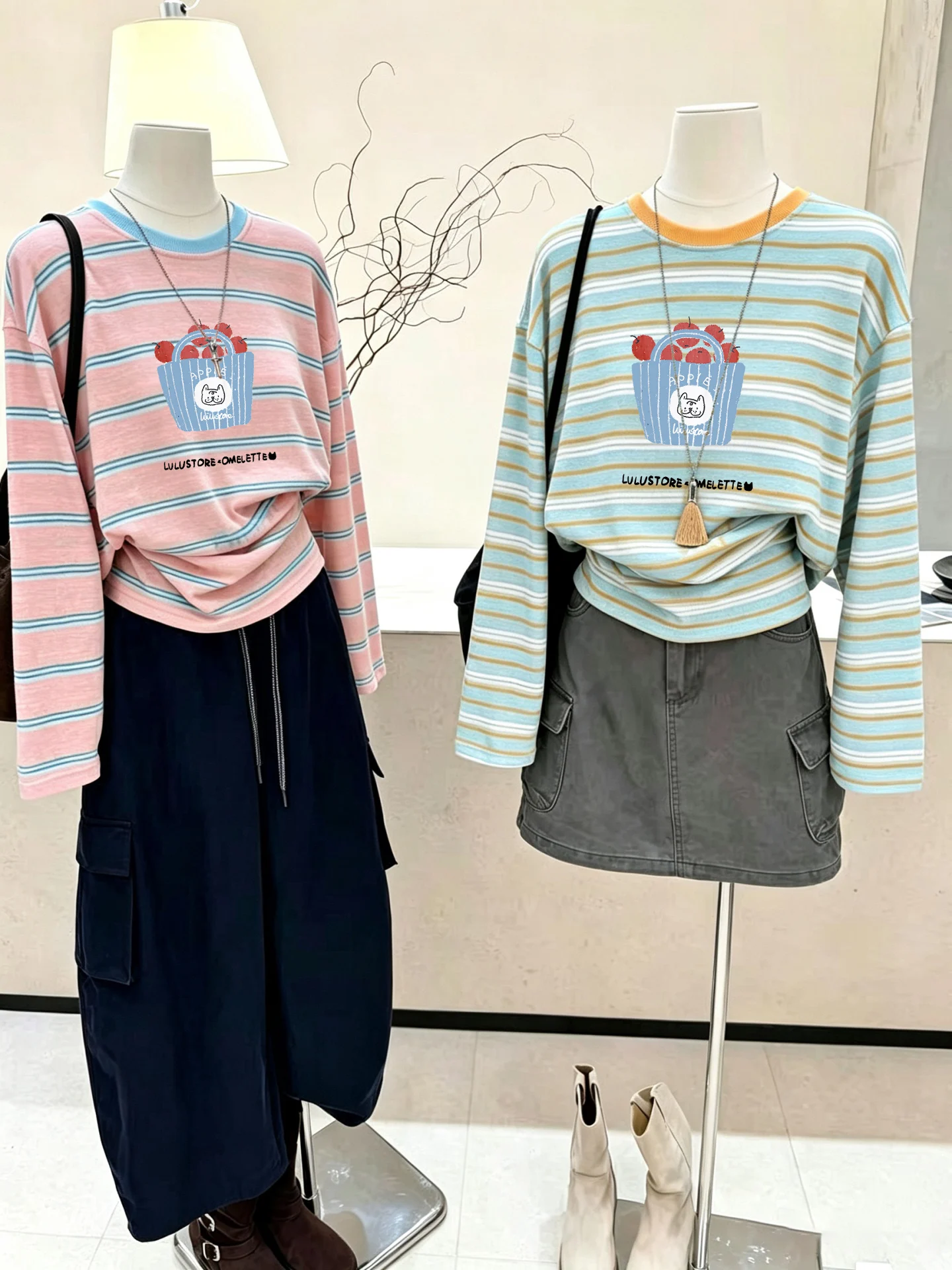 Loose Long Sleeve T-Shirt Women's Rainbow Stripes Print Casual Style Cotton Top Slimming Cover up Shirt Autumn New Arrival