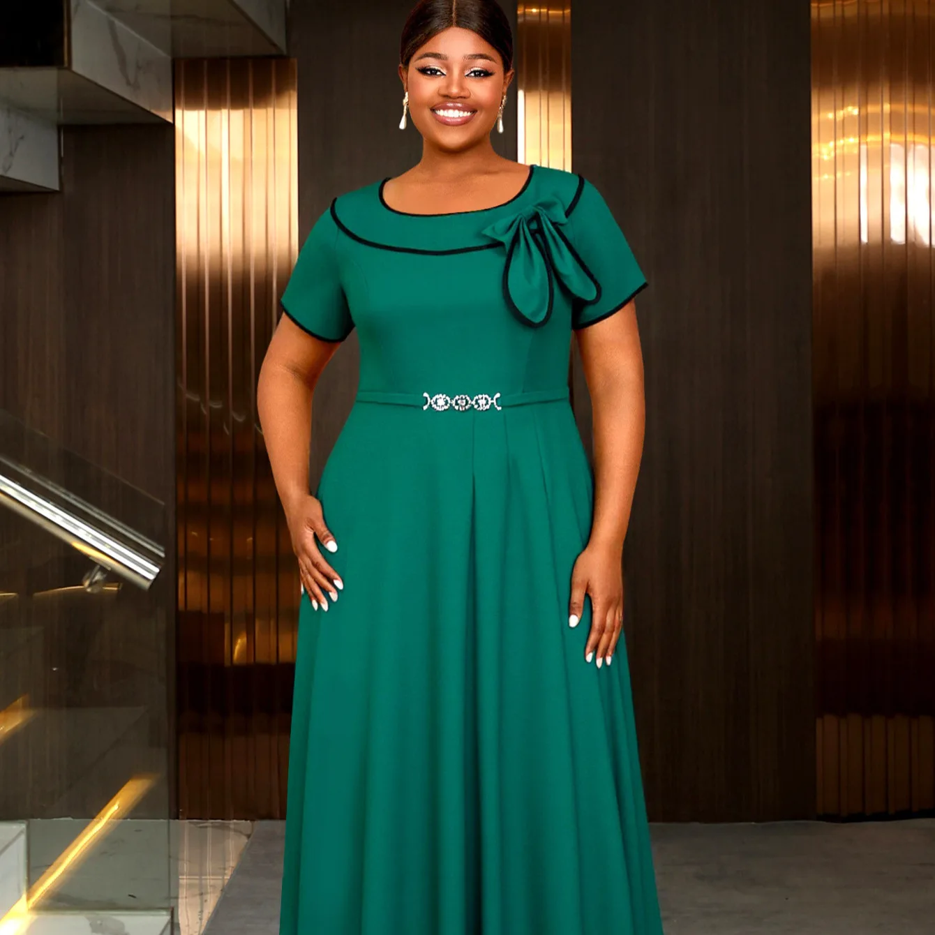 

Africa Clothing Women A Line Midi Dress O Neck Bow Short Sleeves Rhinestone Belt Pleated Church Parties Office Modest Outfit