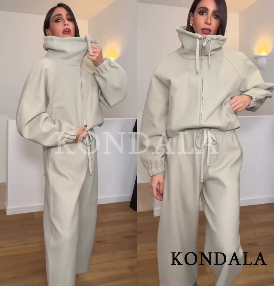 KONDALA Women Trendy Sporty Pants Pocket Set Stand Collar Zipper Jacket Long Pants New Fashion 2026 Spring Commute Pants Set