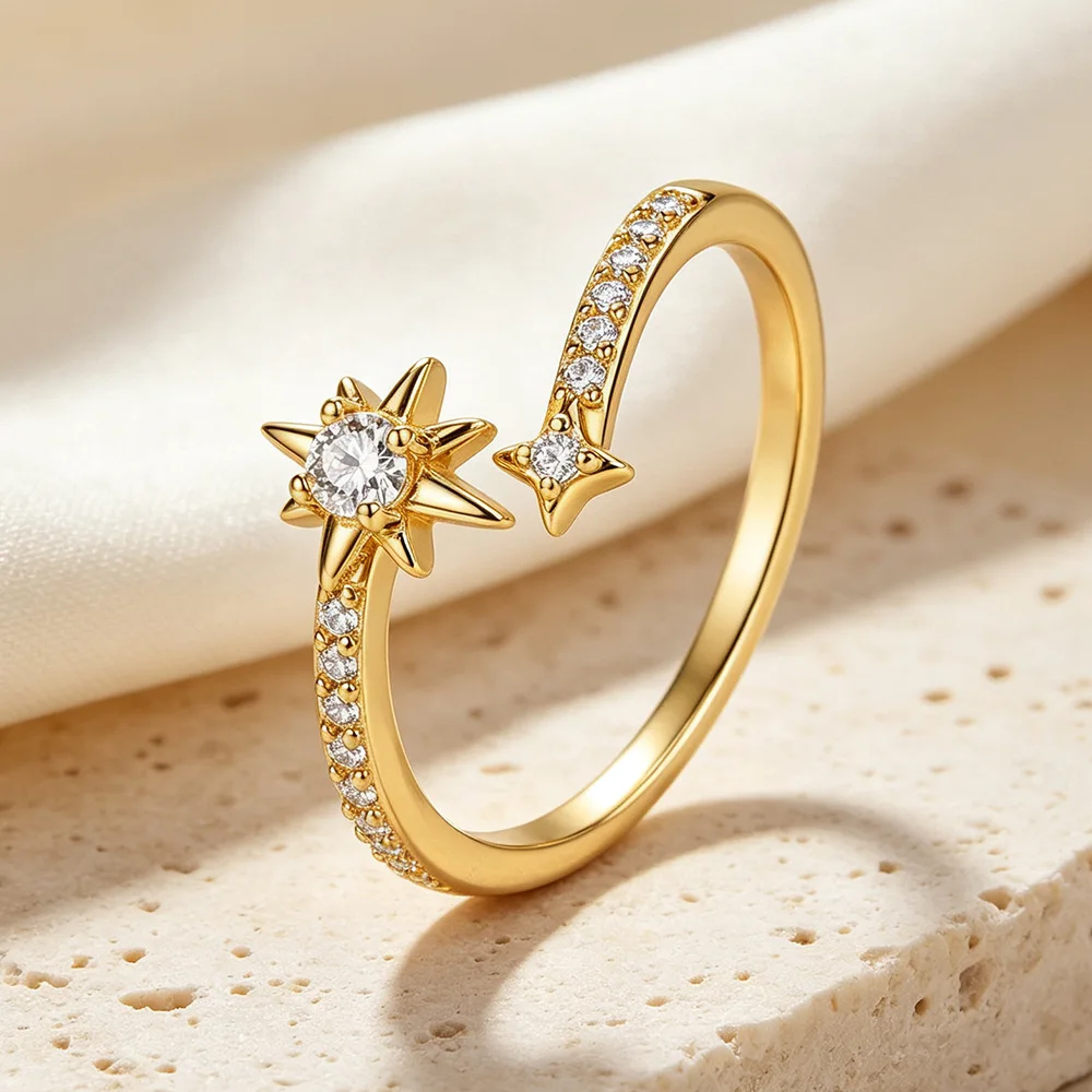 European American Inlaid CZ Hexagram Open Adjustable Ring for Women Niche Design High‑End Feeling Fashion Finger Jewelry Gift