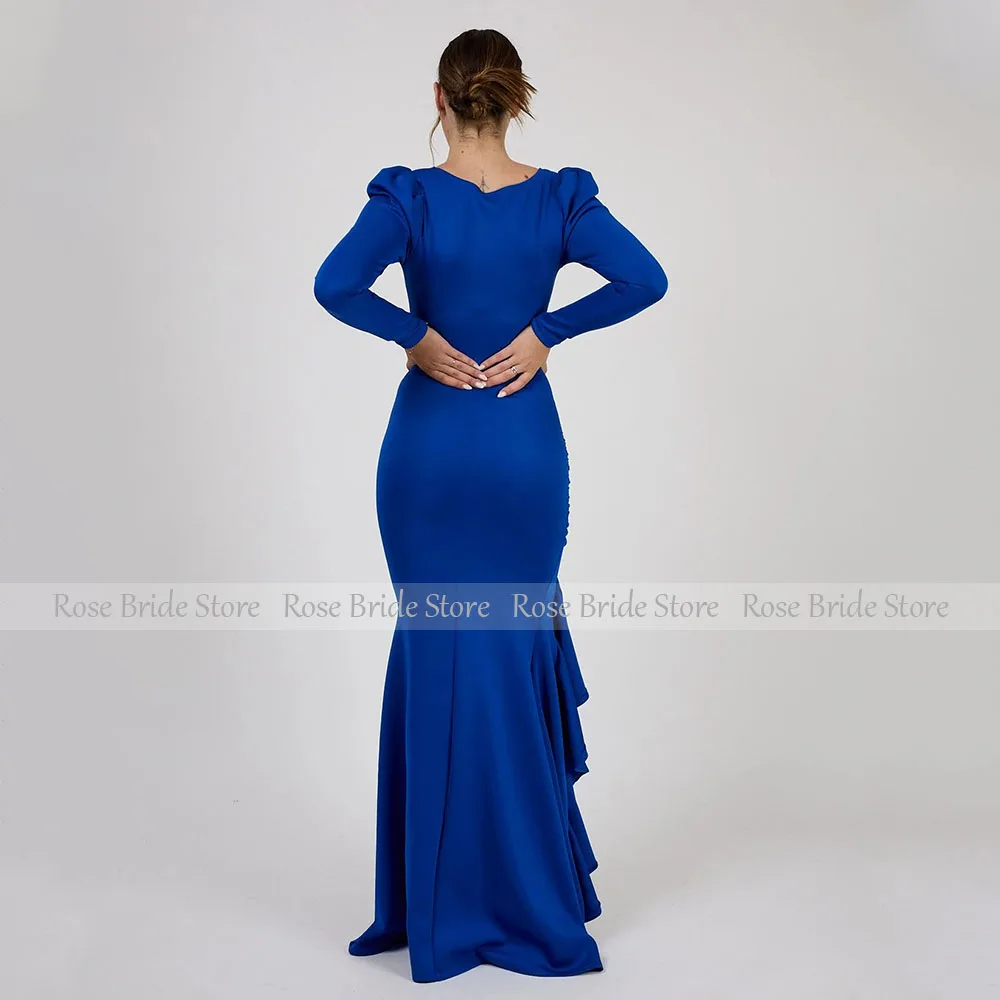 Vestidos de invitados de boda de color azul real para mujer, vestidos de noche de sirena de manga larga con escote redondo, vestido Formal elegante con abertura lateral y volantes 2025