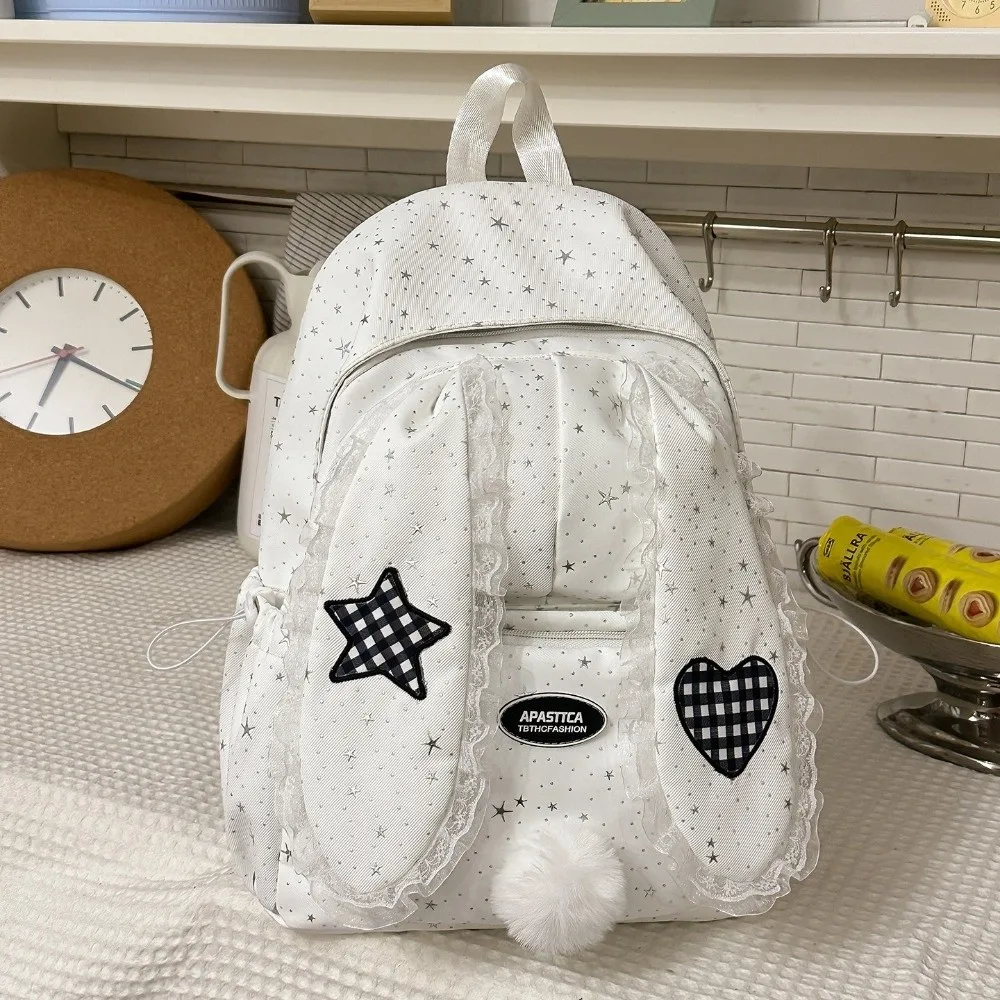 Cute Nylon Rabbit Ear Backpack Polka Dot Large Capacity School Bag Lace Travel Rucksack for Students Girls