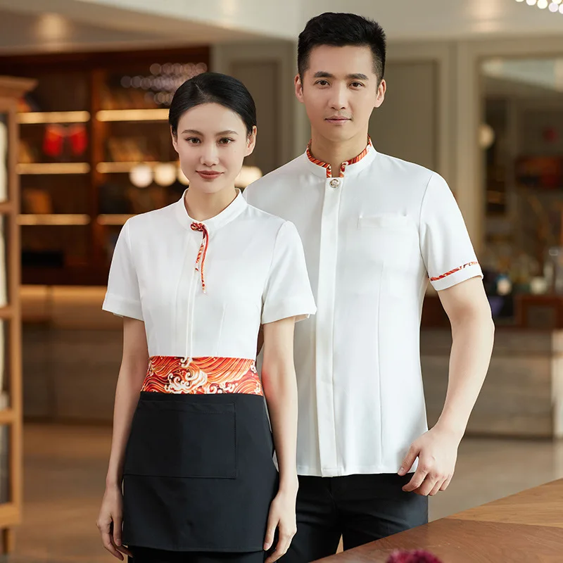 زي عمل تقديم الطعام بأكمام قصيرة للنساء فندق على الطراز الصيني مطعم الشاي إناء/ قدر مطعم النادل ملابس النادلة الصيفية ث