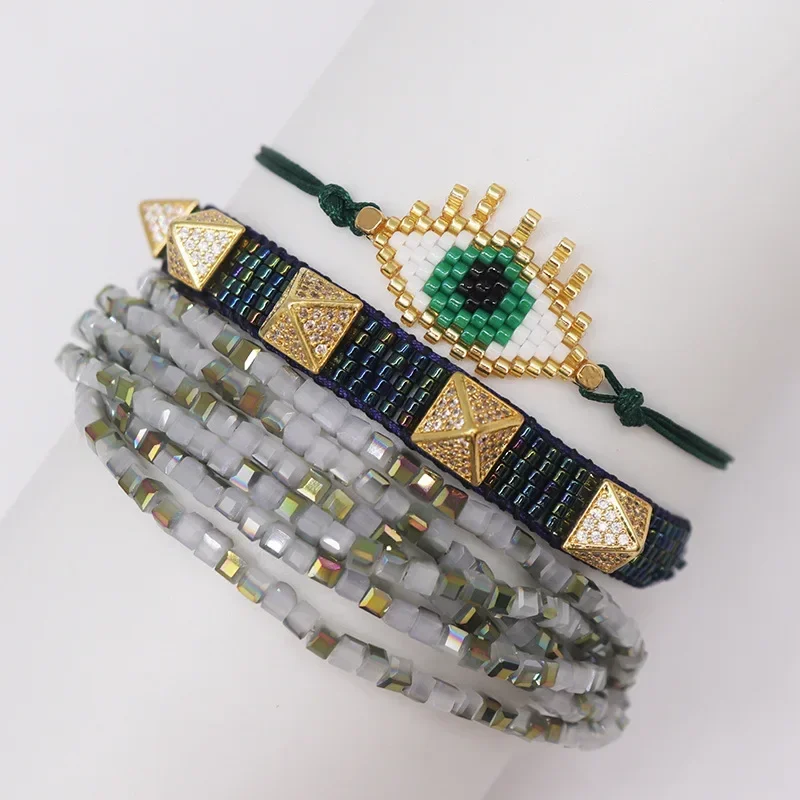 Rice bead bracelet Female Devil's eye Design Crystal Hand knitting Bohemia Adjustable Multilayer Simple Beaded bracelet set