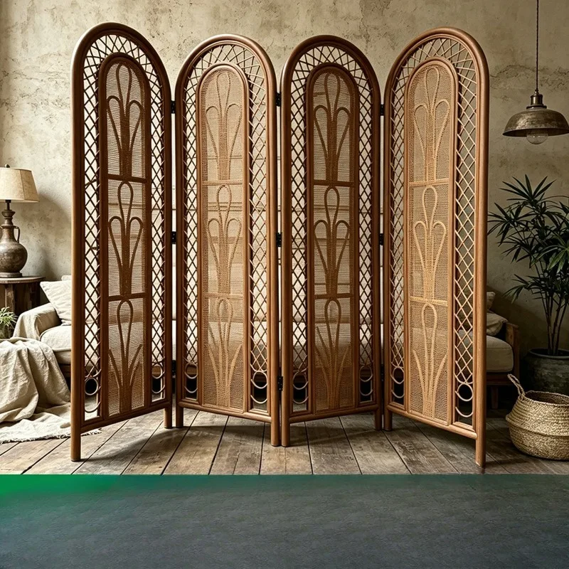 Screen rattan folding screen, four doors arched pattern partition