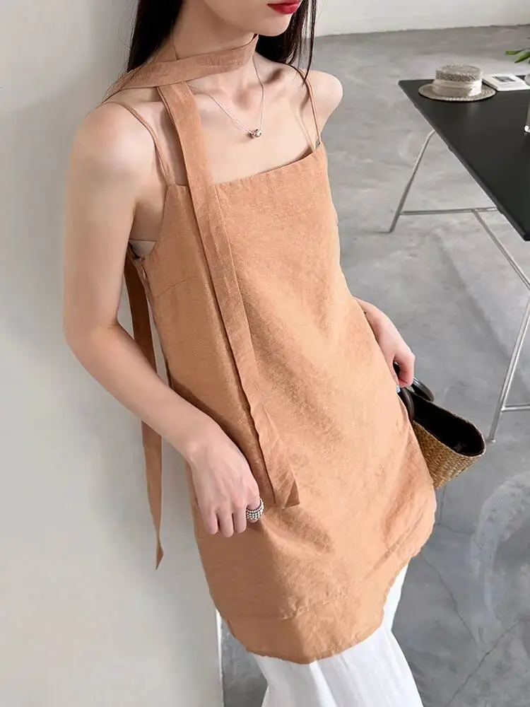 Women Orange Belted Elegant Tank Tops New Square Collar Sleeveless Personality Fashion Tide Spring Summer