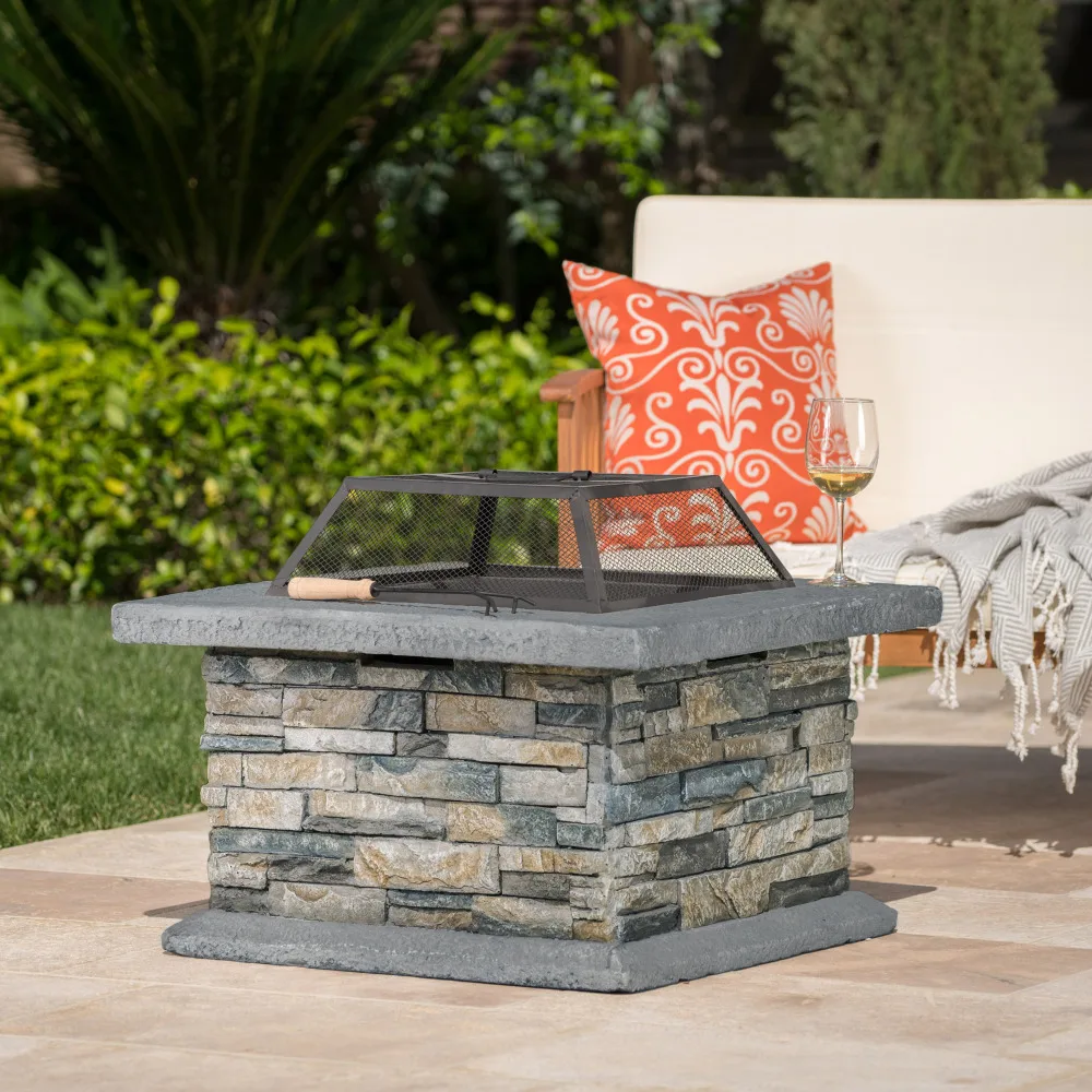 29x29 Inch Square MGO Fire Pit Fiberglass Reinforced Cement Outdoor Fire Table with Iron Shield for Patio Backyard Entertaining