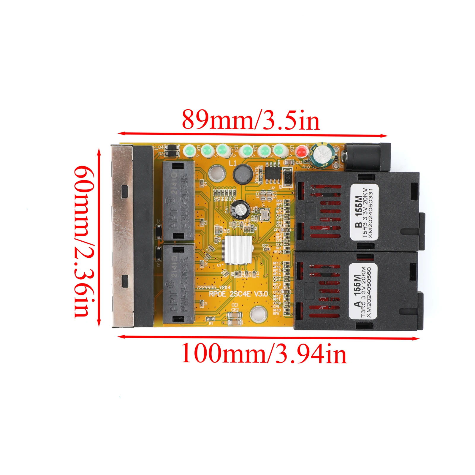 Conector óptico RJ45 A 2 SC A + B, convertidor de medios de 100M de fibra óptica, puertos de 1310nm/1550nm, placa PCBA, interruptor Ethernet de 20KM, amarillo