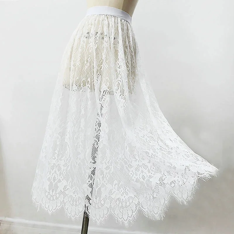 

Transparent Elegant Black Lace Skirt High Waist Tulle Beach Dress Summer Sheer Y2K Mid Length Women's Comfort Cover Up Swimsuit